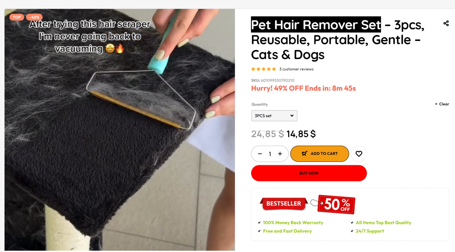 Pet hair remover tool on black fabric