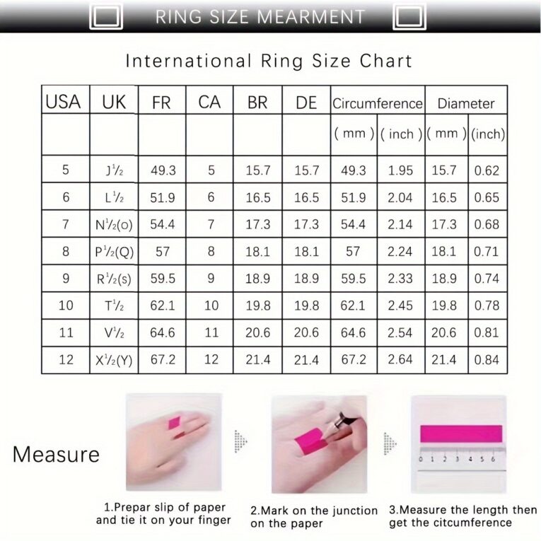 International ring size chart with measurement instructions.