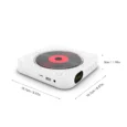 Compact white CD player with display and dimensions.