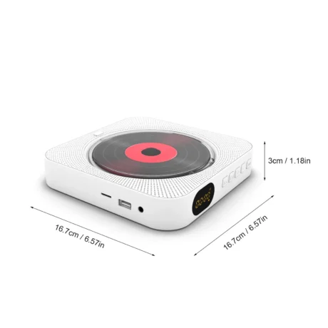 Compact white CD player with display and dimensions.