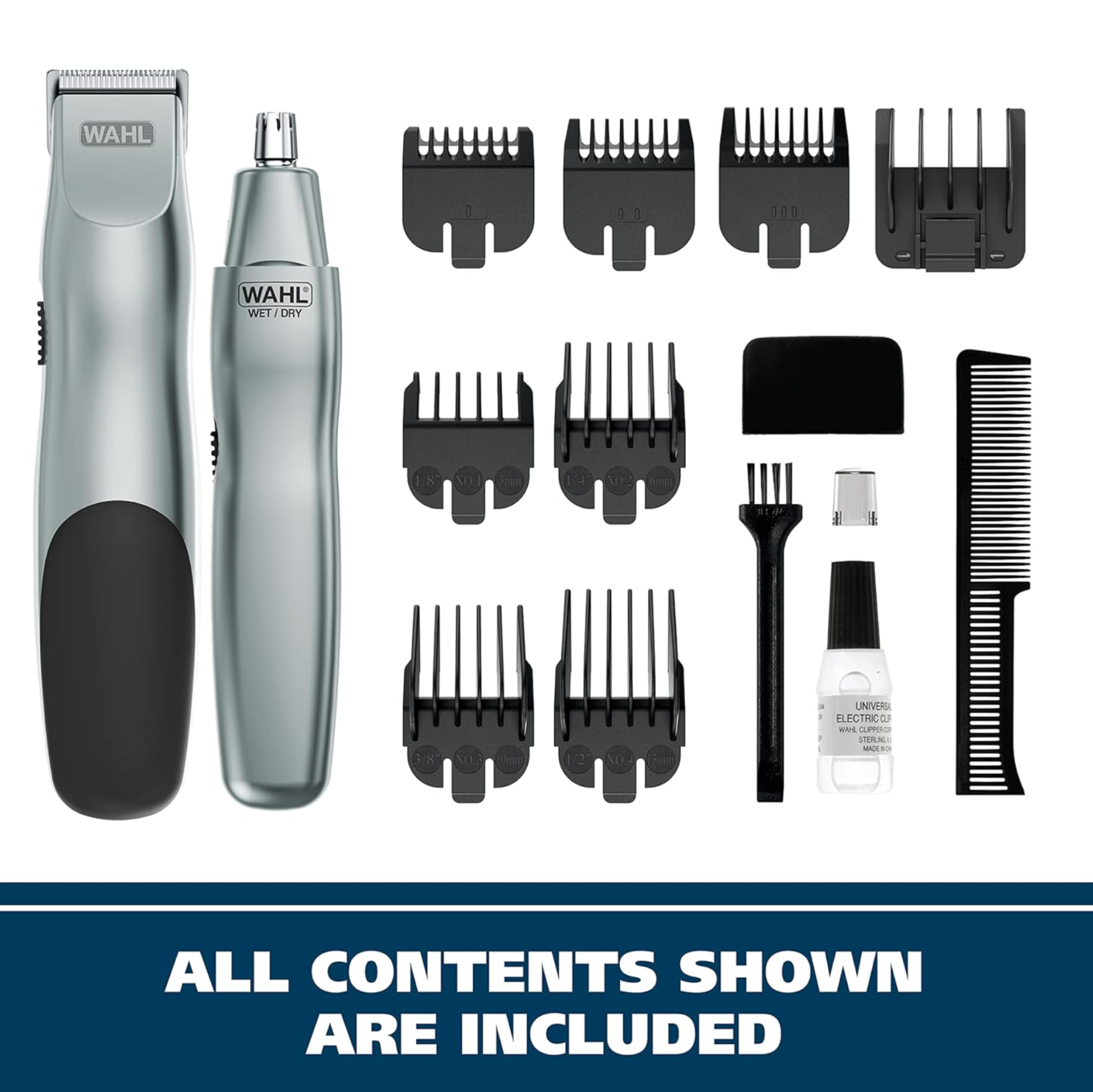 Wahl trimmer kit with attachments and accessories included.