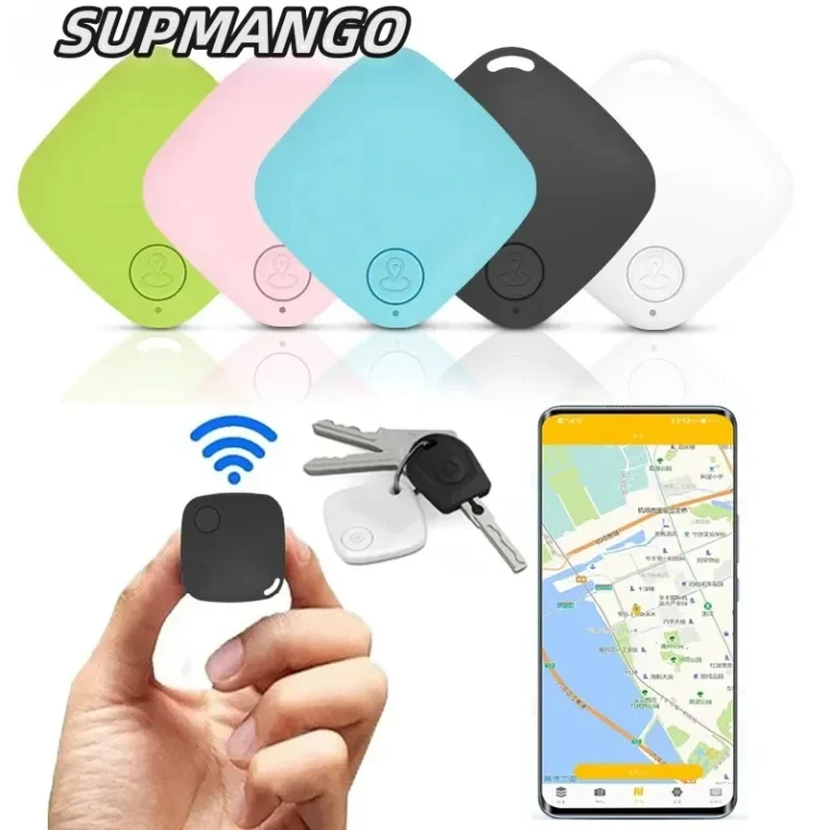 Bluetooth tracker key finder with colored devices and map.